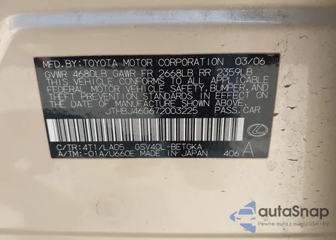 2007 Lexus Es 350 z USA, uszkodzony, nr VIN JTHBJ46G672003225